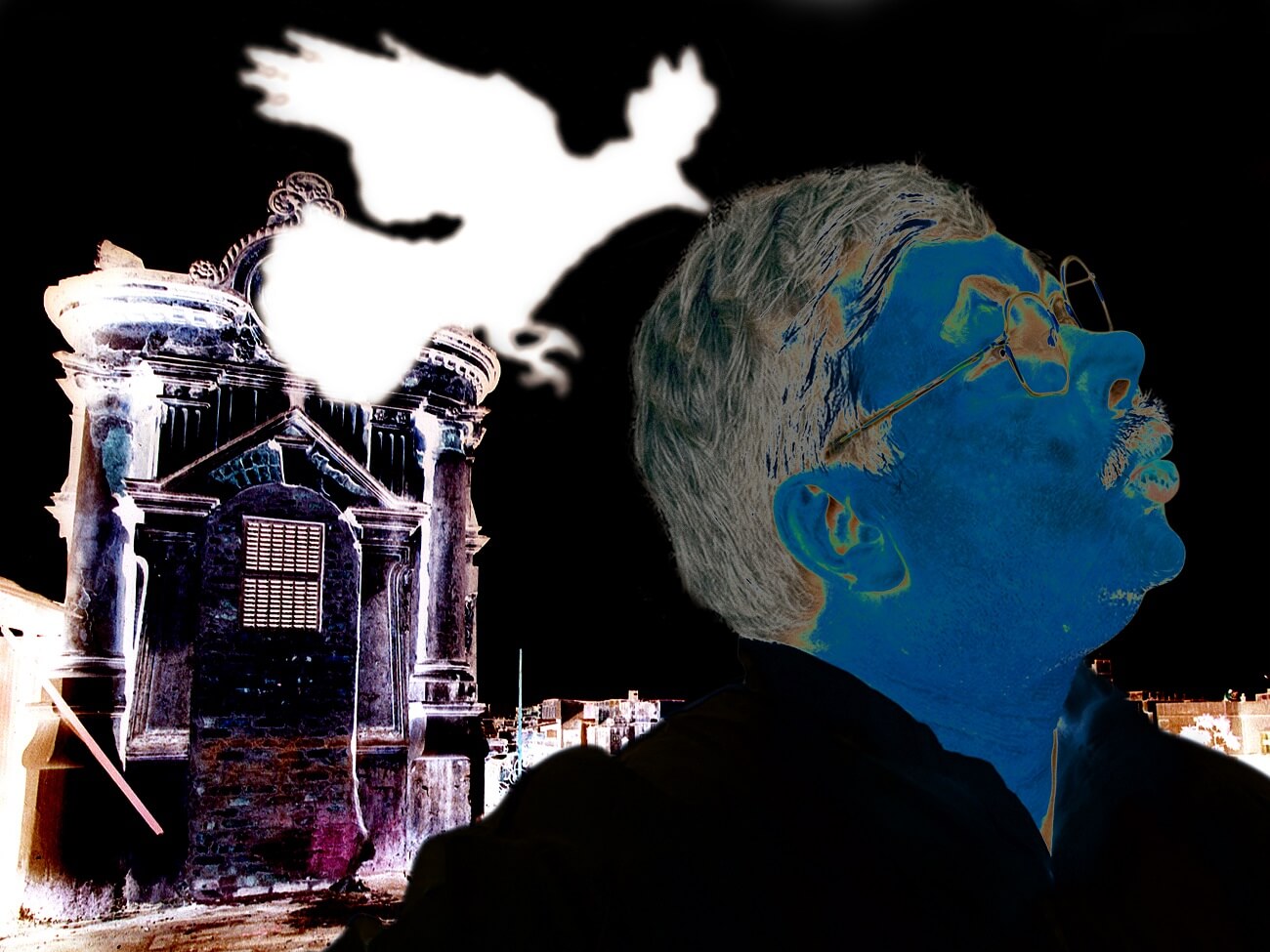 A Babu in glasses looks up at the sky on his terrace, as a bird silhouette pecks his head, with a historic building behind him