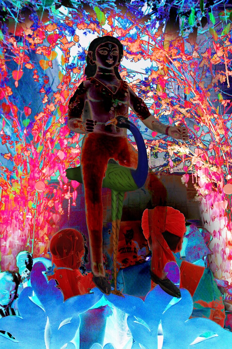 God Kartikeye, worshipped by women in Kolkata's red-light areas, shown here being worshipped by a married couple