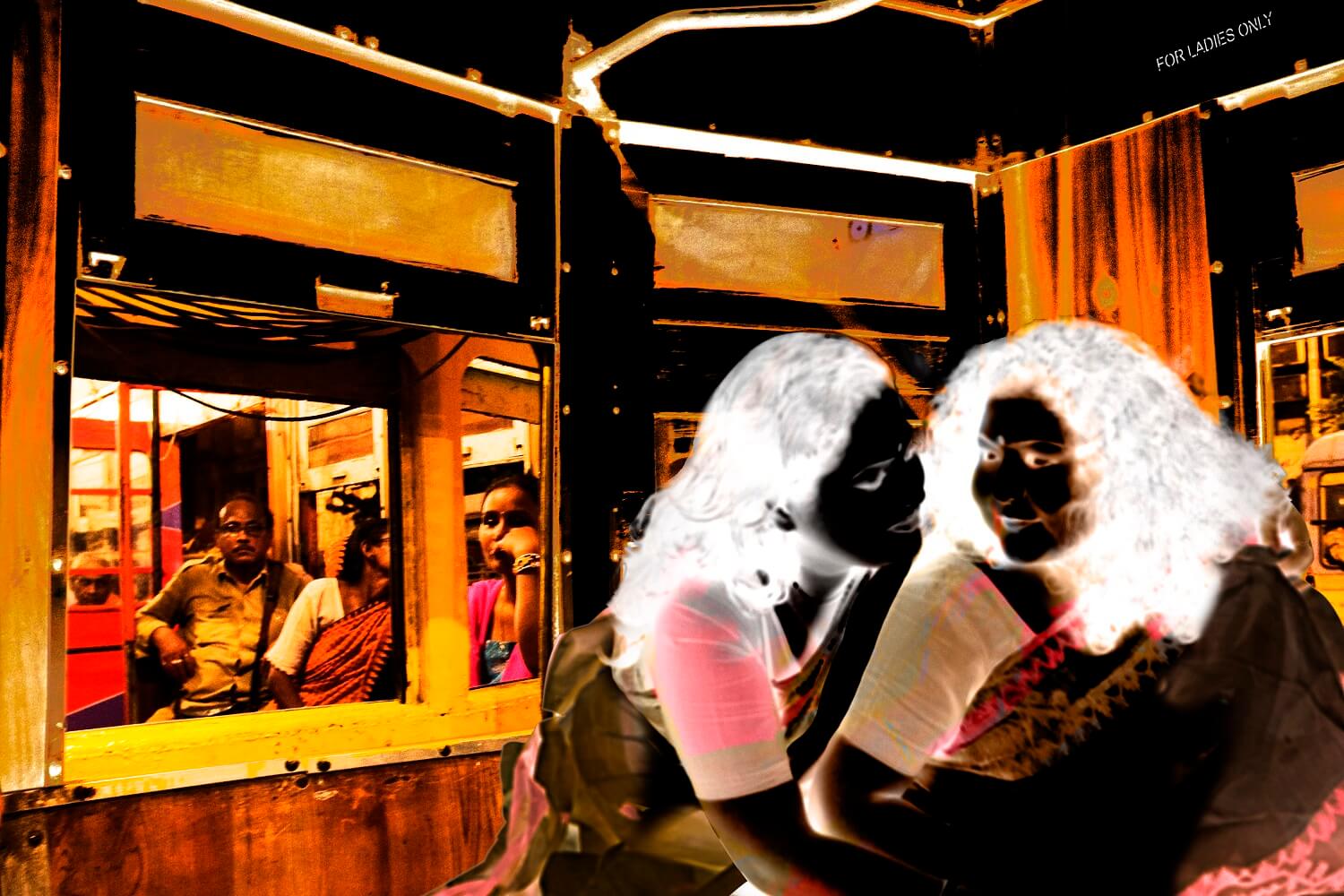 Two close friends sit together in a tram; other passengers are seen through a window, with a 'For Ladies Only' sign visible