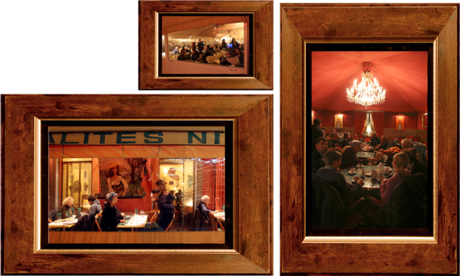 Three framed photographs depict dining scenes: an outdoor café, a warm restaurant, and a chandelier-lit gathering space