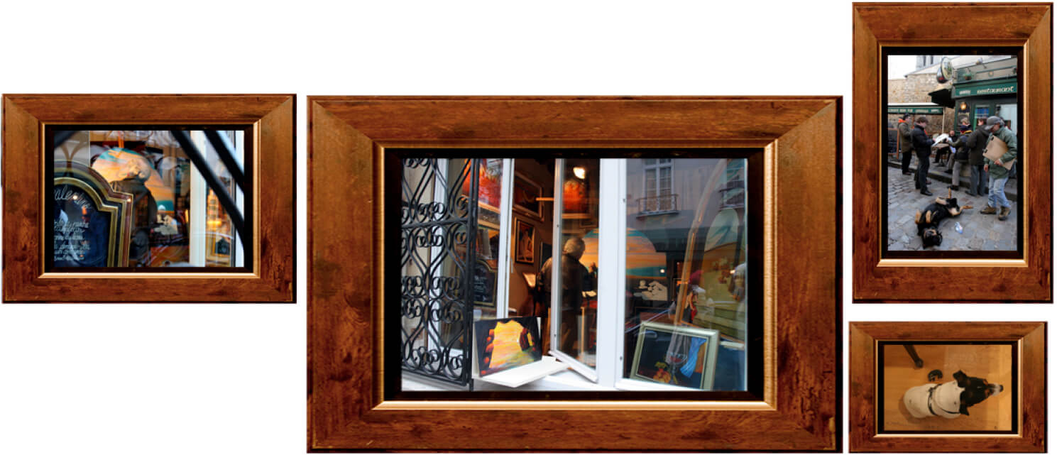 A collage of four framed photos showing Parisian scenes: shop windows, street life, and a dog, arranged in a decorative layout