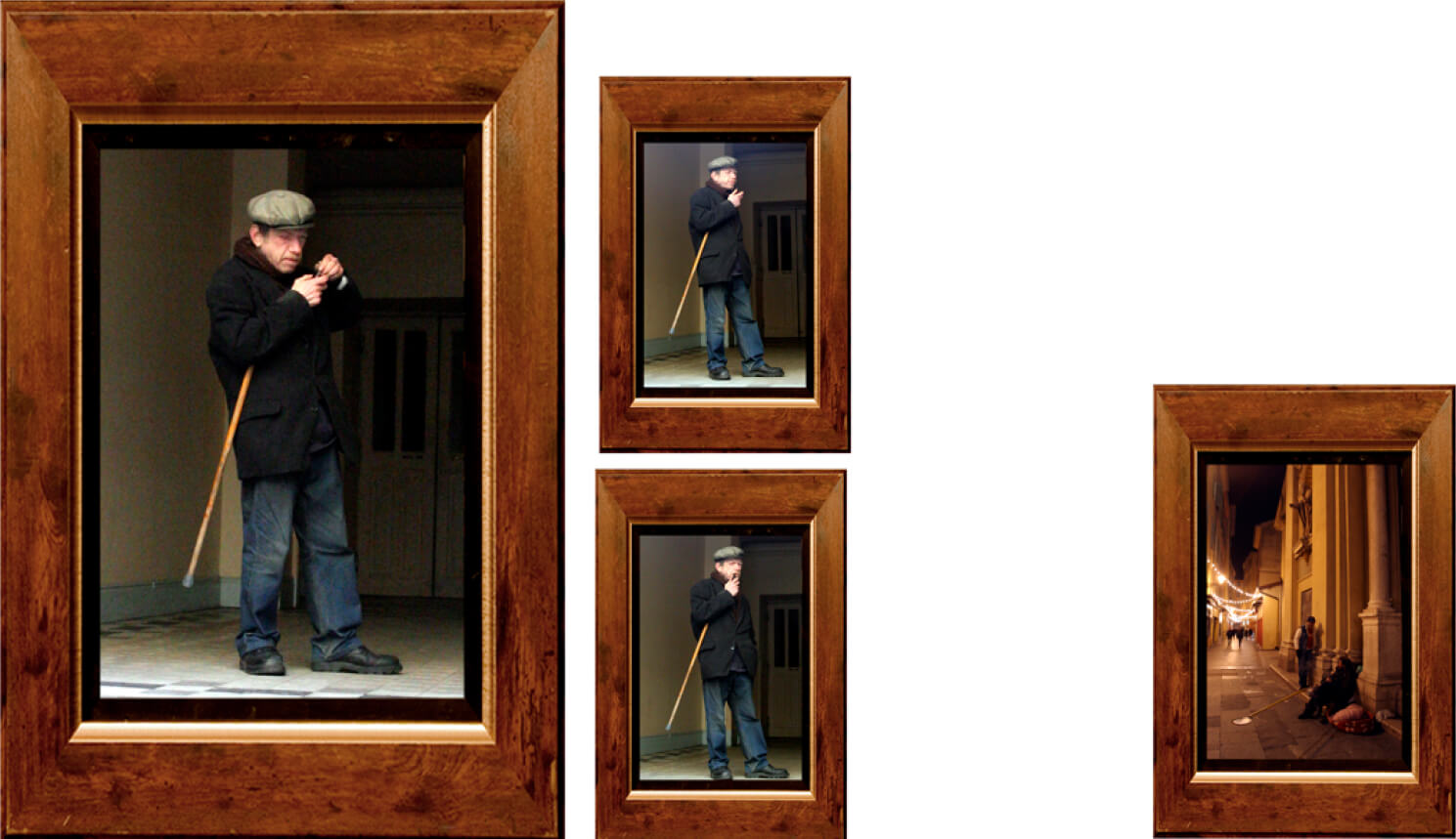 A collage of framed photos featuring a man with a cane in different poses and a nighttime street scene with people and lights