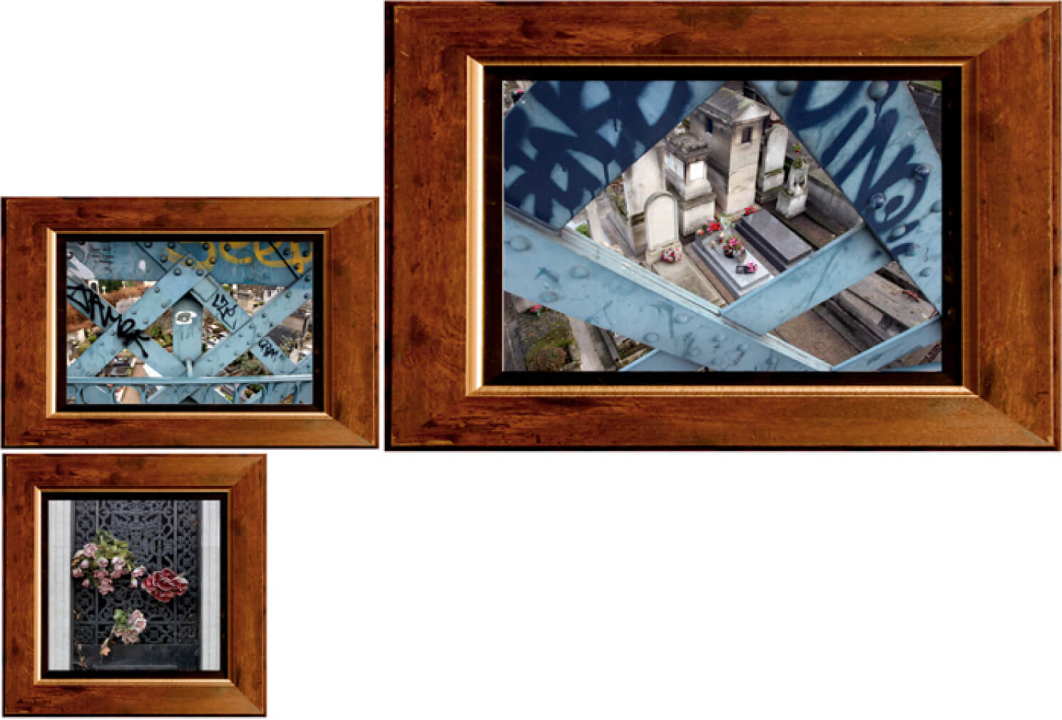 Three framed photographs depict urban decay: graffiti on metal, a graveyard view, and flowers on a metal gate