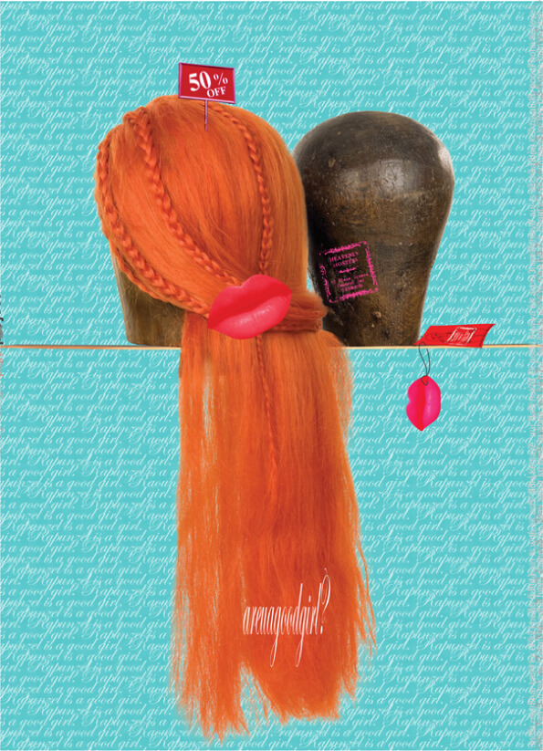 Two mannequin heads with wigs, red lips, and snack packets, set against a newspaper background, explore the theme of objectification