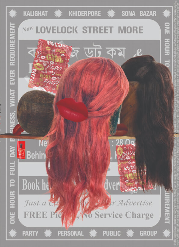 Two mannequin heads with wigs, red lips, and snack packets, set against a newspaper background, explore the theme of objectification