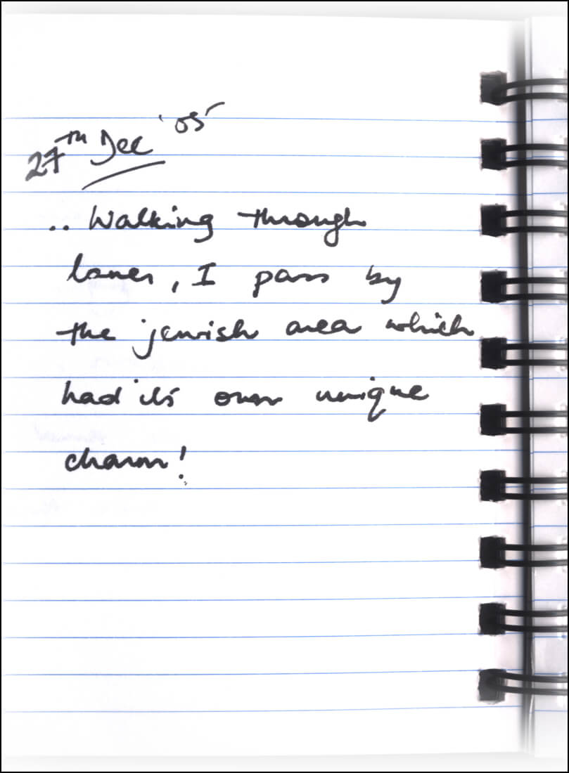A handwritten journal entry from December 27, 2005, describes passing through a Jewish area, noting its unique charm