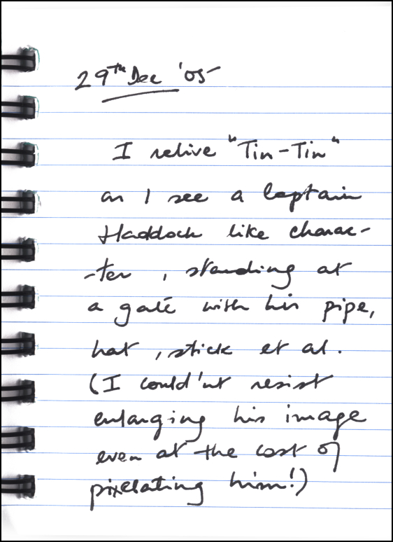 A handwritten journal entry dated December 29, 2005, describes a man resembling Captain Haddock with a pipe and stick