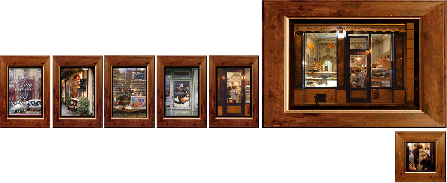 A series of framed photographs display various storefronts and windows, showcasing different shop interiors and street reflections