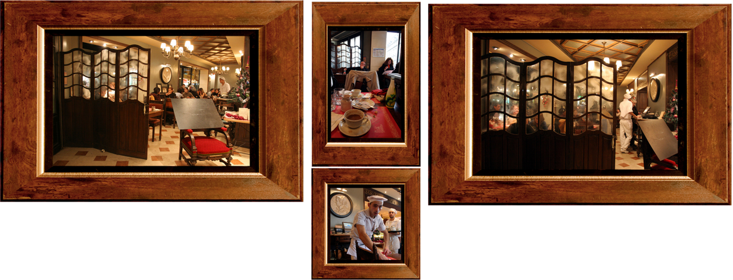 A collage of four framed photos showing restaurant scenes: diners, chefs at work, and a table with coffee and food