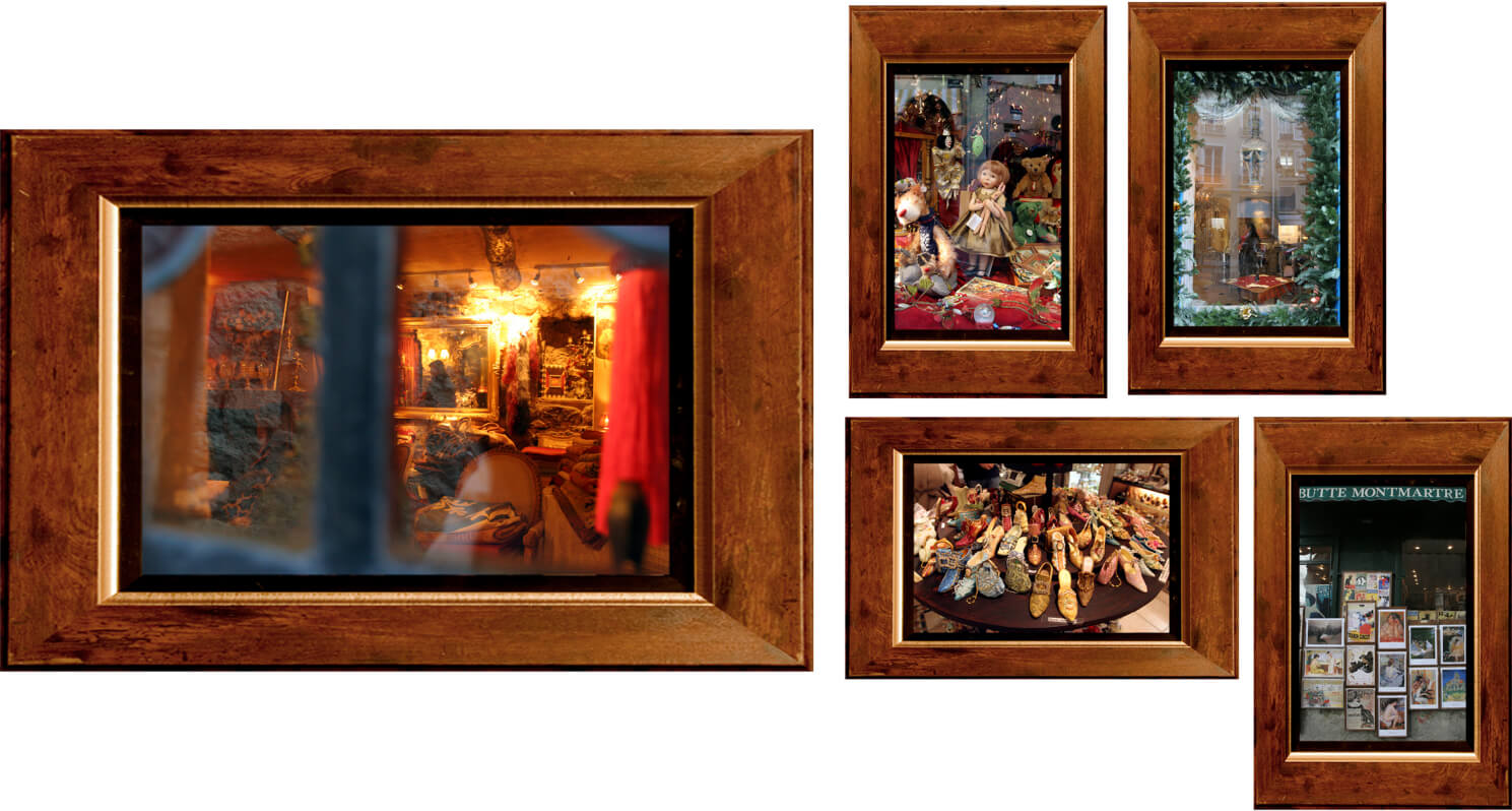 A collection of framed photos showing shop windows, antiques, and decorative items, likely from a market or vintage store