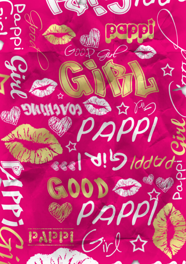 A crumpled pink paper with stylized text, hearts, lips, and stars in white, gold, and red, featuring phrases like "Pappi Girl.