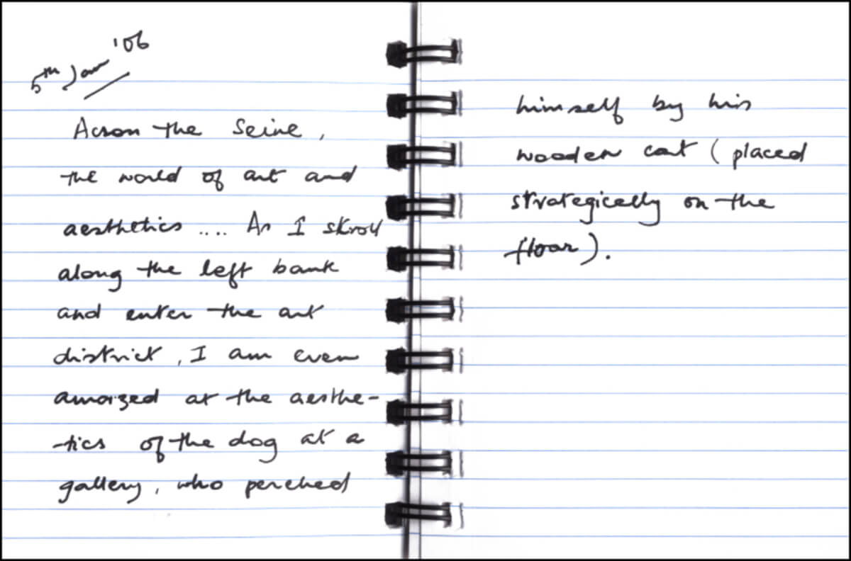 A handwritten journal entry dated January 5, 2006, describing a stroll along the Seine and observations in Paris's art district
